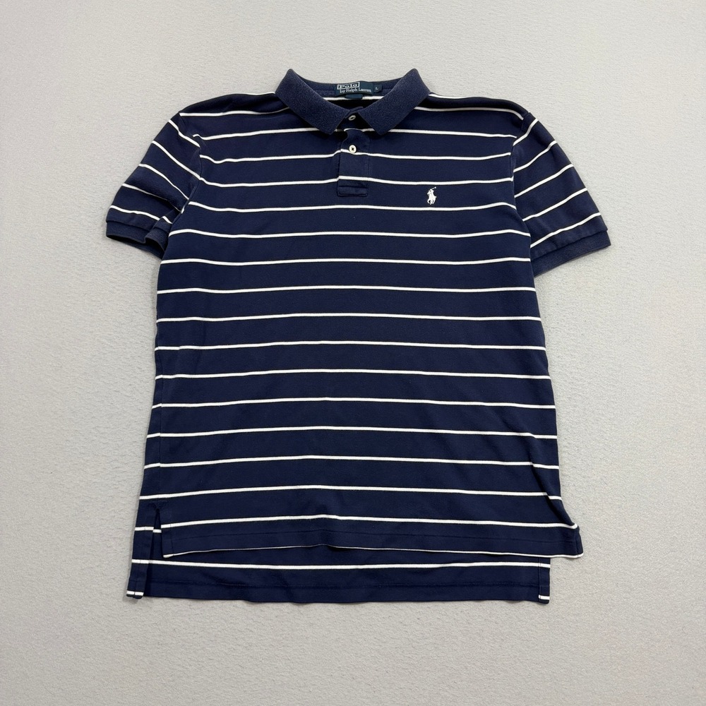 Vintage Polo Ralph Lauren Shirt Men's Large Navy Blue Striped Short Sleeve Pony